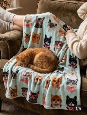 Humane World For Animals Kitty Throw Blanket W 59" L 66" Aqua